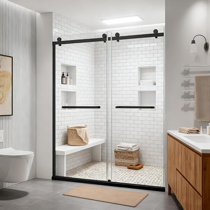 Double Sliding Shower Door, 18 inch Stainless Steel Handle, Matte Black by MersvitonShowerDoor