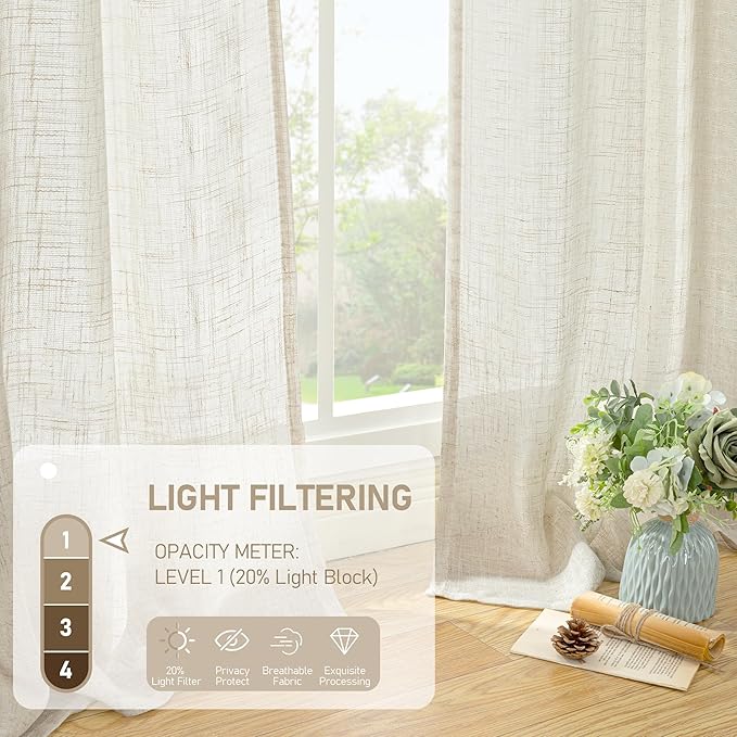 LAMIT Light Filtering Natural Linen Curtains 63 inches Long, Ivory Cream Linen Textured Semi Sheer Back Tab and Rod Pocket Boho Drapes for Bedroom/Living Room, 2 Panels, 70 x 63 Inch