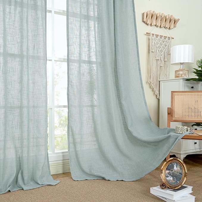 LAMIT Light Filtering Linen Curtains 45 Inch Length 2 Panels, Semi Sheer Window Panels Back Tab and Rod Pocket Neutral Drapes for Bathroom/Kitchen/Loft Room, Greyish Blue, 34 x 45 Inch