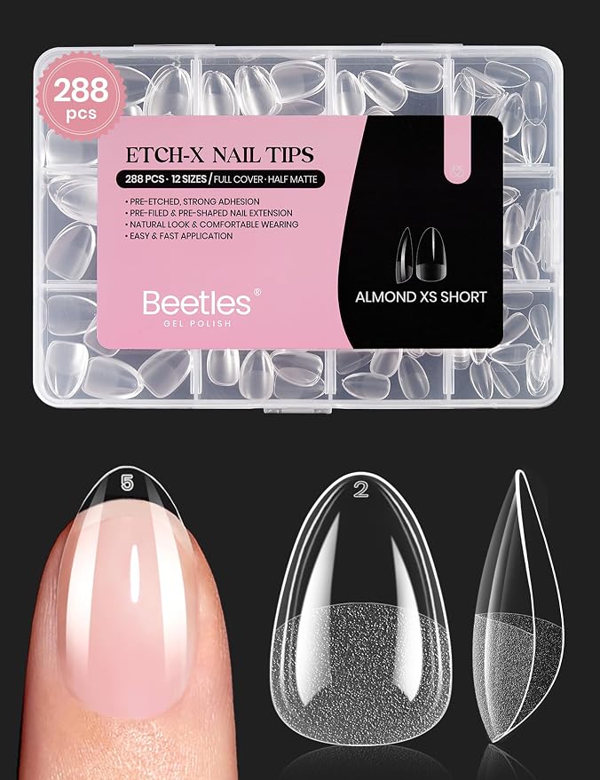 Beetles Extra Short Almond Nail Tips, 12 Sizes 288 PCS Pre-Shaped Clear Full by beetlesGelPolish