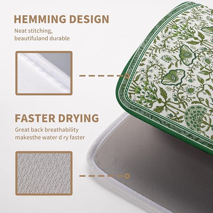 Green Floral Dish Drying Mat for Kitchen Counter 18x24 Inch Spring Summer - Image 4