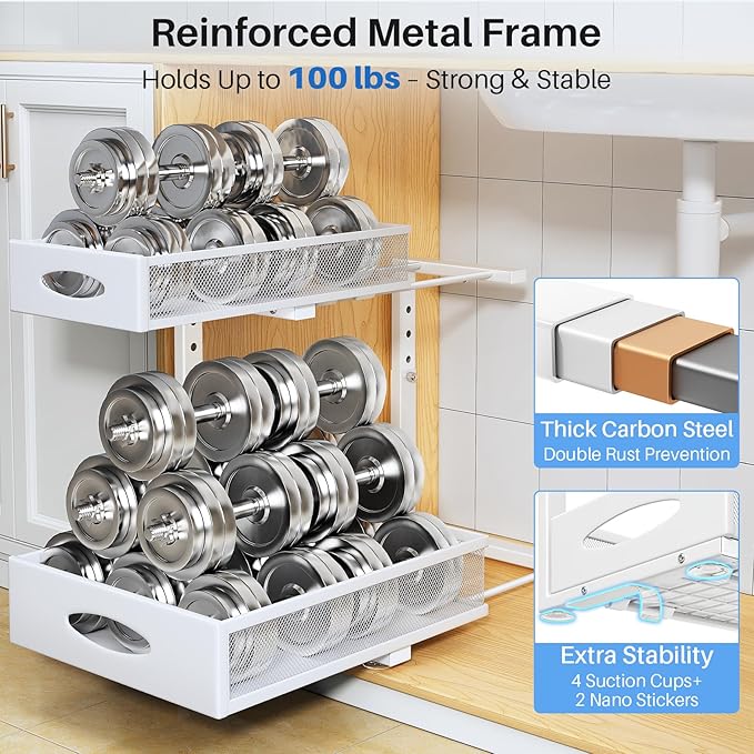 Under Sink Organizer, 2 Tier Pull Out Under Cabinet Organizer Shelf - Image 7