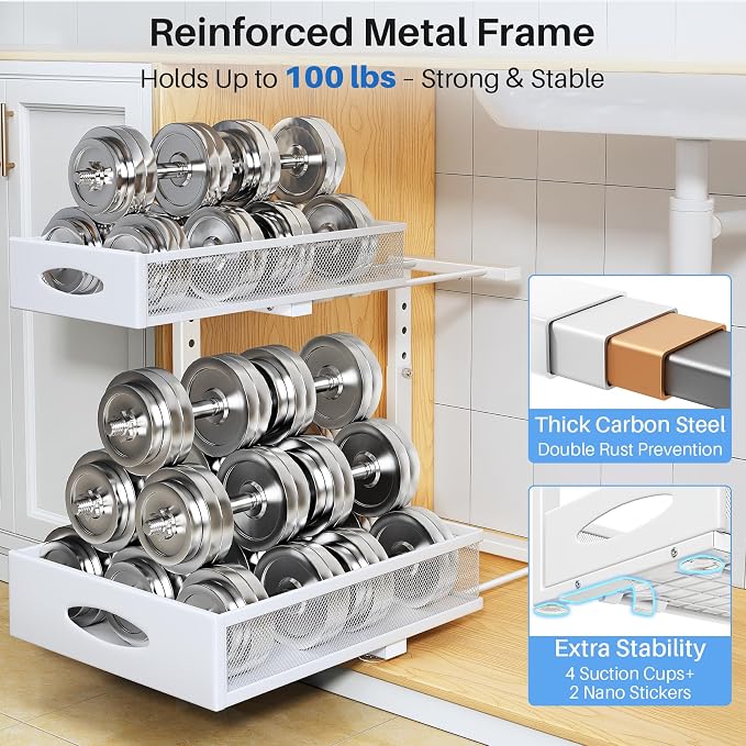 Under Sink Organizer, 2 Pack 2 Tier Pull Out Under Cabinet Organizer Shelf - Image 7