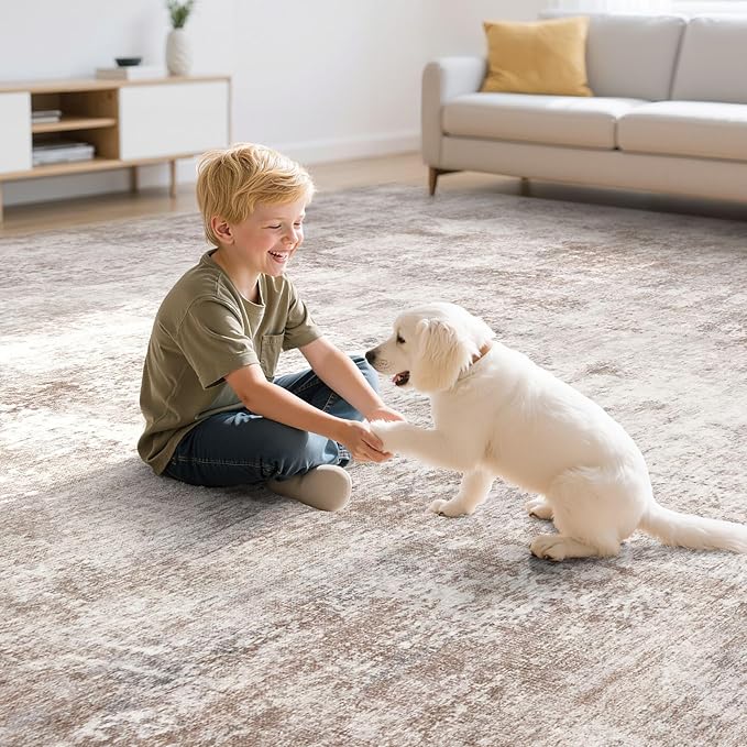 Washable 8X10 Area Rug: Modern Abstract Soft Non-Slip Indoor Rugs Home Decor - Low Pile Stain Resistant Foldable Carpetfor Living Room Bedroom Dining Room Playroom Office(Brown,8'x10')