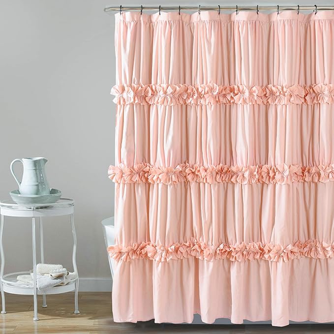 Peach Ruffle Shower Curtain, Vintage Handcrafted Bow Tie Bath Curtain by Homechoice+Decor