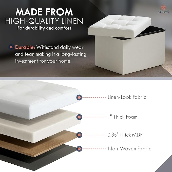 Ornavo Home Small Storage Ottoman Foldable Collapsible Rectangle Linen Ottoman - Image 5