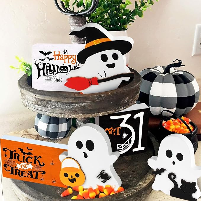 COCHIE Cute Ghost Halloween Decorations Indoor, Wooden Tiered Tray Decor Table - Image 6