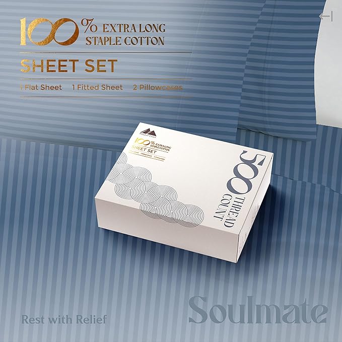 Mayfair Linen 100% Cotton Striped Sheets Twin Size Bed Set - 500 Thread Count Damask Sheets Twin Size 3 PC Set (Light Blue Stripe), Soft, Cooling, Sateen Hotel-Quality 16" Deep Pocket Cotton Bedsheet