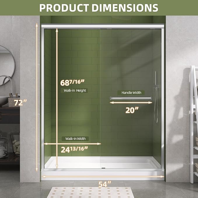 GETPRO Sliding Shower Door 50-54 in. W x 72 in. H Semi-Frameless Bypasss Double - Image 9