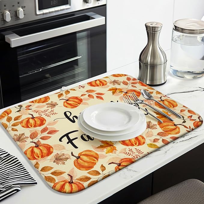 Fall Dish Drying Mat for Kitchen Counter, Autumn Pumpkin Maple Leaf Pattern - Image 4