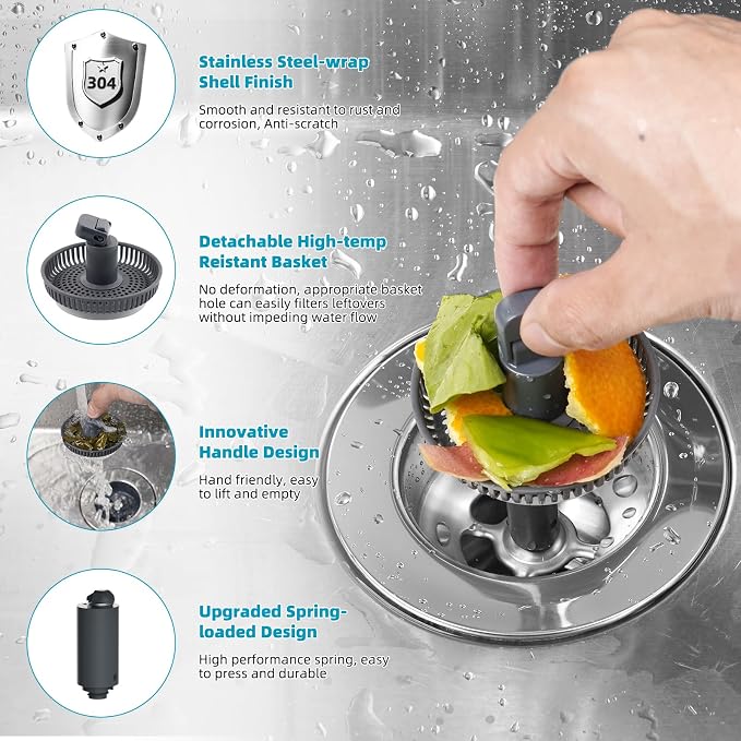 Hibbent 3 in 1 Kitchen Sink Drain Strainer, Stainless Steel Wrapped Shell Drain - Image 3