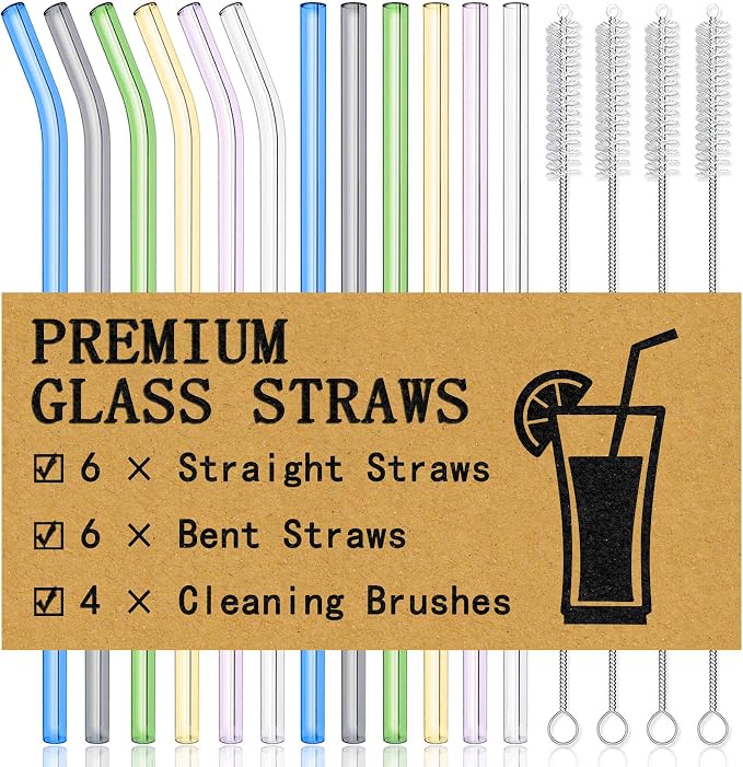 Piteno® 16-Pack Reusable Glass Drinking Straws, 8.5''x10MM, Milkshakes by Piteno