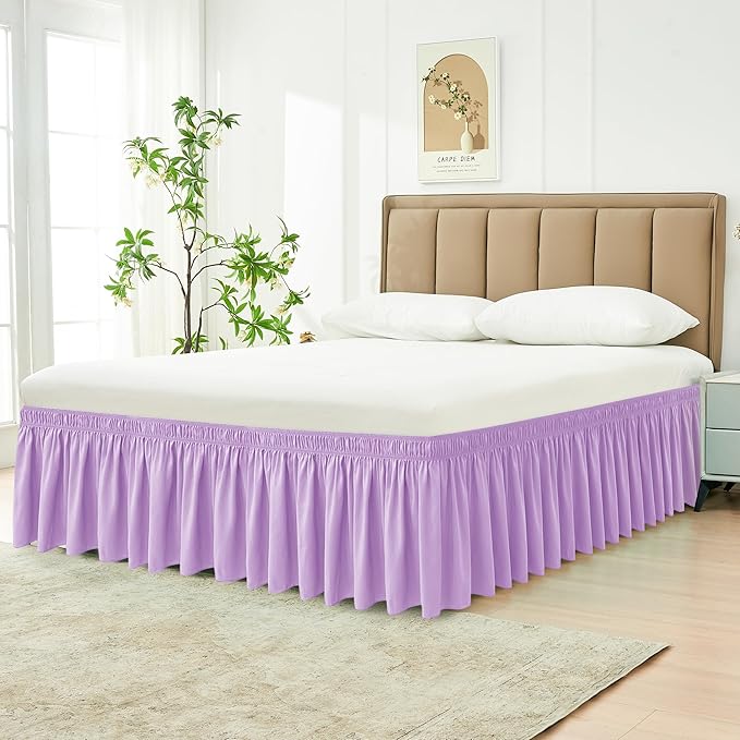 Biscaynebay Wrap Around Bed Skirts with Adjustable Belts for Queen Beds 15" Drop, Violet Elastic Dust Ruffles Silky Luxrious Fabric Machine Washable