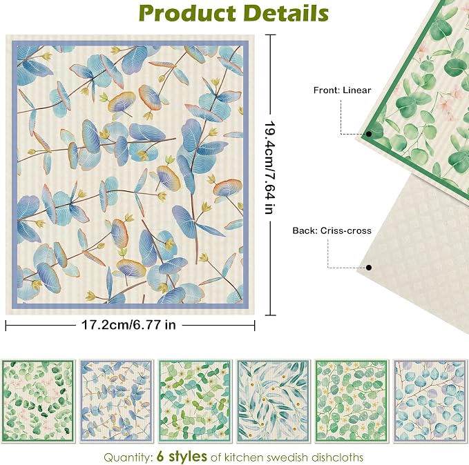 6 Packs Swedish Paper Cloths for Kitchen, Reusable Paper Towels Washable Dish - Image 2