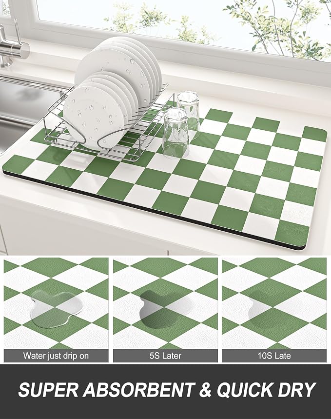 Rnivvi Dish Drying Mat for Kitchen Counter, 12 x 19" Cute Checkered Absorbent - Image 3