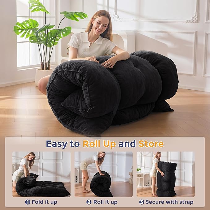 MAXYOYO Japanese Floor Mattress Queen Size, 6" Foldable Futon Mattress Tufted Roll Up Floor Bed, Thick Chenille Tatami Mat Sleeping Pad for Camping Guest Room Dormitory Bedroom RV, Black