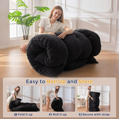 MAXYOYO Japanese Floor Mattress Queen Size, 6" Foldable Futon Mattress Tufted Roll Up Floor Bed, Thick Chenille Tatami Mat Sleeping Pad for Camping Guest Room Dormitory Bedroom RV, Black