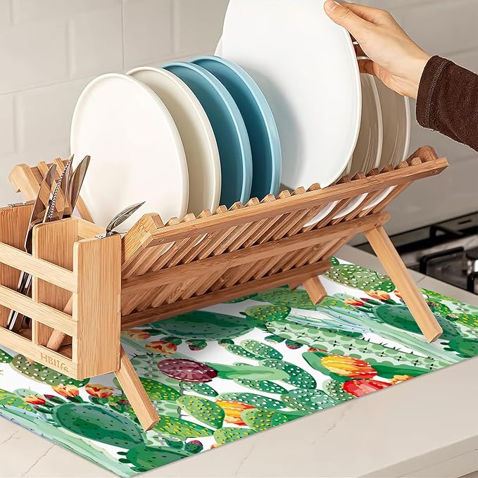 Green Cactus Dish Drying Mat, Tropical Plant Drying Rack Pad Countertop Dishes - Image 7