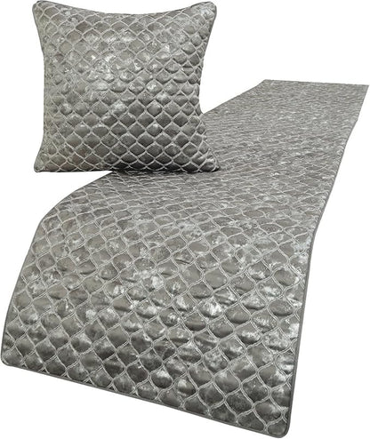 The HomeCentric King/Queen/Twin Grey & Silver Designer Twin 53"x18" Bed Runner with Pillow Cover, Quilted, Foil & Trellis Bed Scarf on Silk Fabric - Jumanah