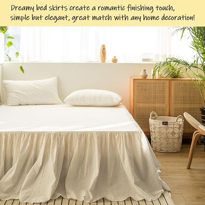 BISELINA French Linen Bed Skirt with Pleated Frills 22-Inch Tailored Drop Natural Flax Cotton Blend Dust Ruffle Soft Cozy Farmhouse Bedding (22" California King, Ruffle White)