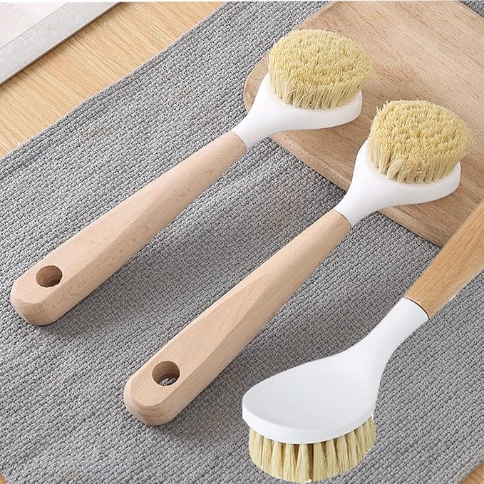 3 Pack Dish Brush Set with Bamboo Handle, Dish Scrubber Built-in Scraper - Image 5