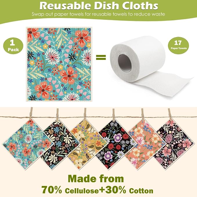 6 Packs Swedish Paper Cloths for Kitchen, Reusable Paper Towels Washable Dish - Image 3