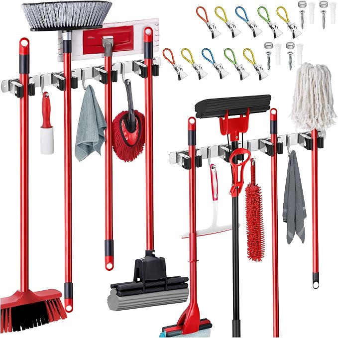 2 Pack Mop and Broom Holder Wall Mount – Self-Adhesive Stainless Steel broom by EFFEKTIVTOOLS