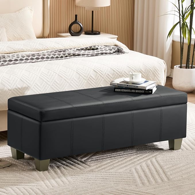 51" Faux Leather Storage Ottoman, Stitch Tufted Rectangle Upholstered End of by WUTUTUEE