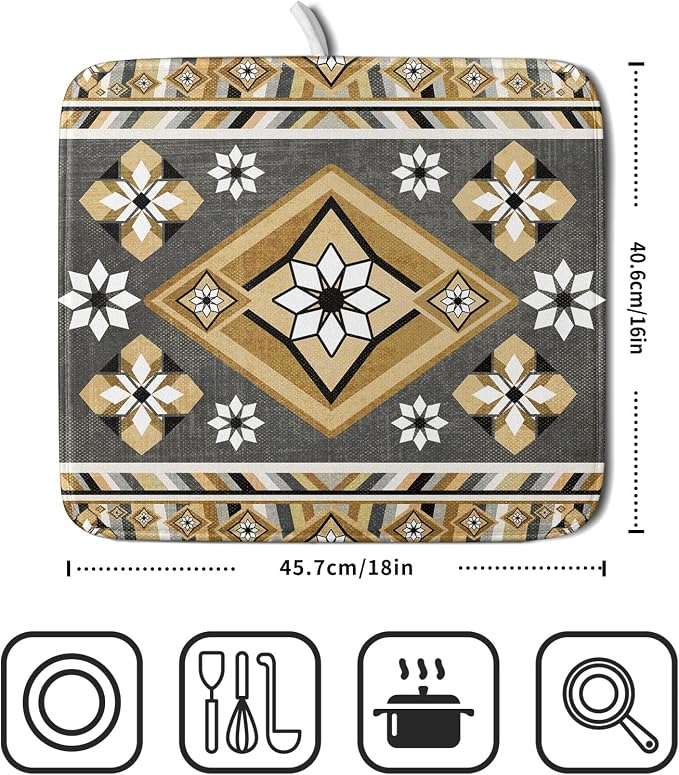 Boho Yellow Gray Aztec Dish Drying Mat - Image 2
