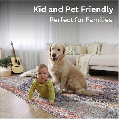 Bloom Rugs Washable Non-Slip 9' x 12' Rug - Terracotta/Blue Traditional Medallion Area Rug for Living Room, Bedroom, Dining Room, and Kitchen - Exact Size: 9' x 12'