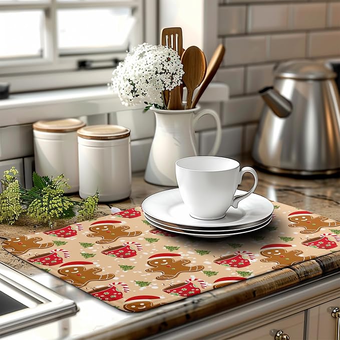 Cute Gingerbread Man Xmas Dish Drying Mat, Absorbent Dish Pad, 18x24 inch - Image 6