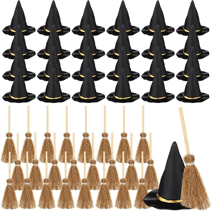 48 Pcs Mini Witch Hats and Broom by WinnerWhy