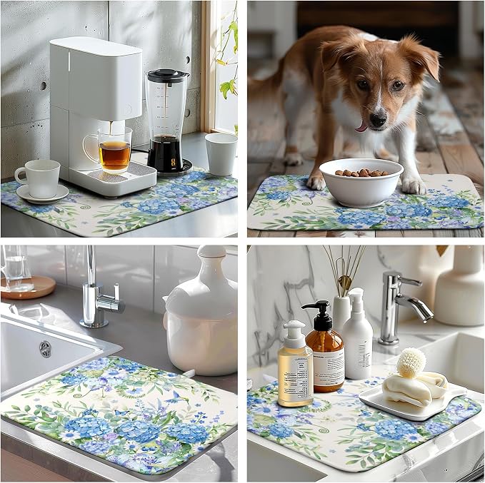 Blue Hydrangea Dish Drying Mat for Kitchen Counter 16 x 18 Inch Spring Floral - Image 7