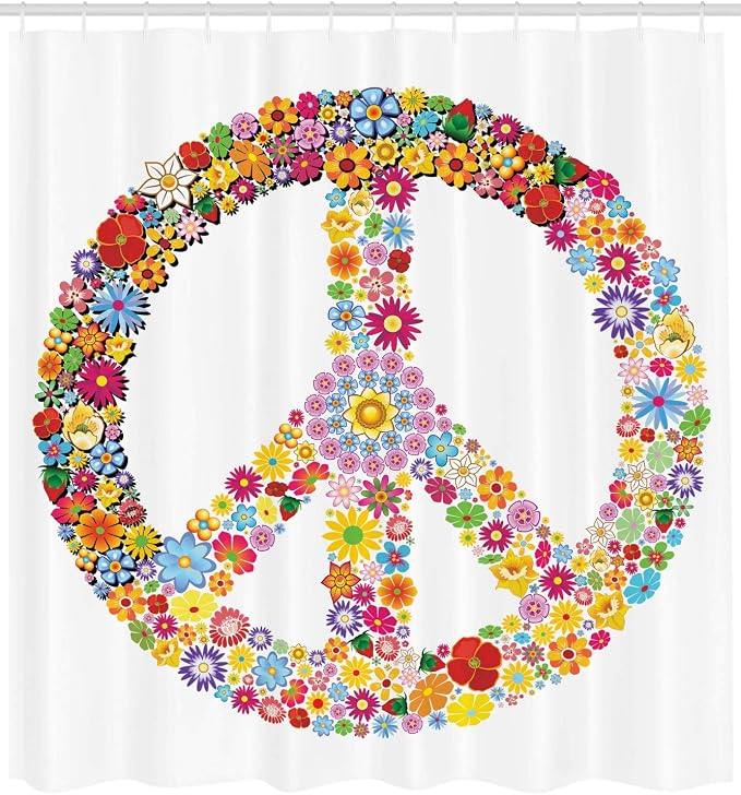 Ambesonne Groovy Shower Curtain, Floral Peace Sign Summer Spring Blooms Love - Image 2