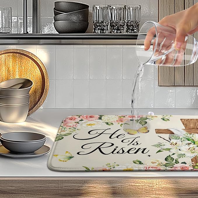 Easter He Is Risen Dish Drying Mats Spring Floral Dish Mat Easter Cross Drying - Image 5