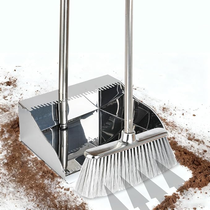 Metal Dustpan with Soft Bristles Broom Heavy Duty Stainless Steel Upright - Image 5