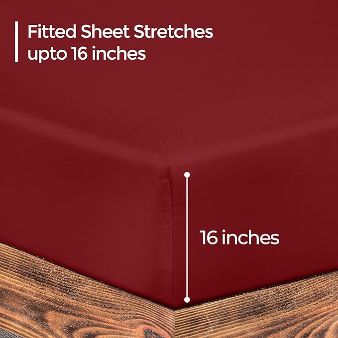 ROYALE LINENS 300 Thread Count 100% Long Staple Combed Cotton Fitted Sheet King - Super Soft Deep Pocket Bottom Sheet - Fitted Sheets Only - Elastic Sheets (King, Red)