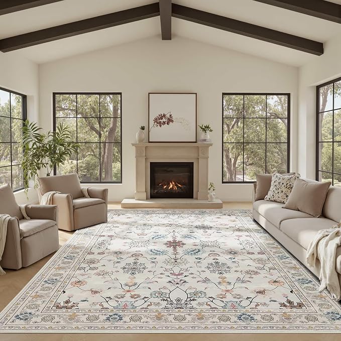 8x10 Rugs for Living Room & Bedroom, Floral Washable Rug, Boho Area Rug by Rugxara