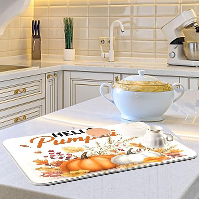 Hello Pumpkin Dish Drying Mat for Kitchen Countertop 16x18 Fall Harvest Leaves - Image 6
