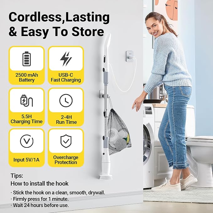 Electric Spin Scrubber, Cordless Cleaning Brush Shower Scrubber Up to 550 RPM - Image 6