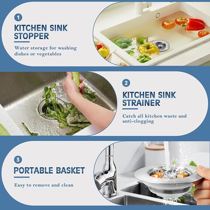 Kitchen Sink Drain Strainer 3 Pack, 304 Stainless Steel Pop Up Sink Stopper - Image 6