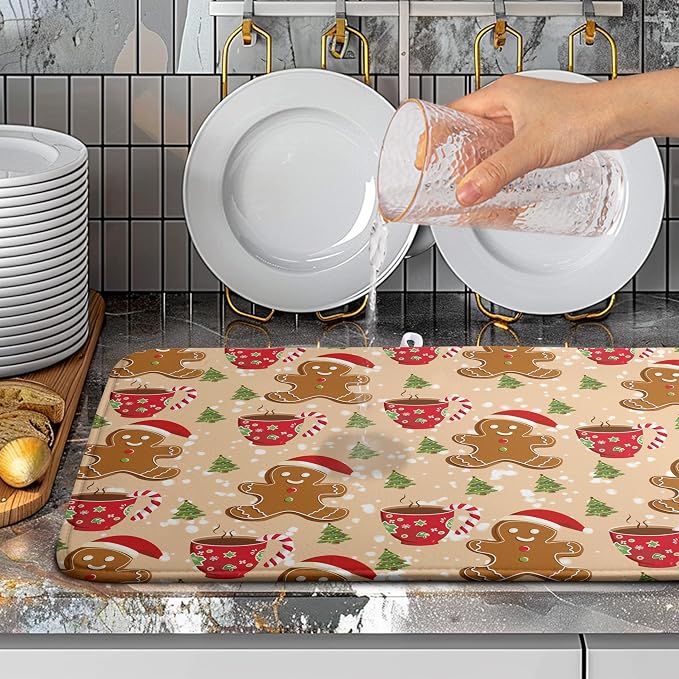 Cute Gingerbread Man Xmas Dish Drying Mat, Absorbent Dish Pad, 18x24 inch - Image 5