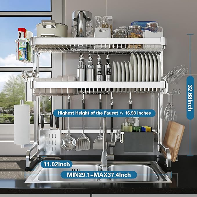 Over The Sink Dish Drying Rack, 3 Tier Adjustable Length Full Stainless Steel - Image 6