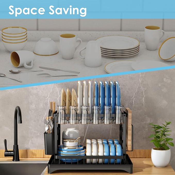 Dish Drying Rack for Kitchen Counter 2 Tier Iron Dish Drainer - Image 3