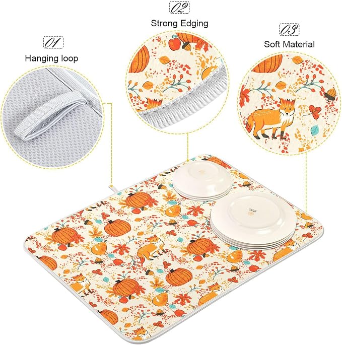 Fall Fox Dish Drying Mat for Kitchen Countertop 16x18 Autumn Chestnuts Pumpkin - Image 4