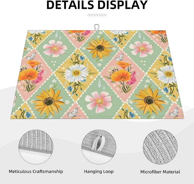 Daisy Flowers Dish Drying Mat 18x24 Inch, Microfiber Absorbent Fast Dry Mat - Image 3