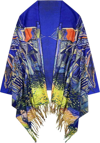 VENVSBEE Reversible Scarf Soft Large Shawl Wrap Blanket Double Sided Art Print Warm Pashmina Stoles Klimt Van Gogh Gifts