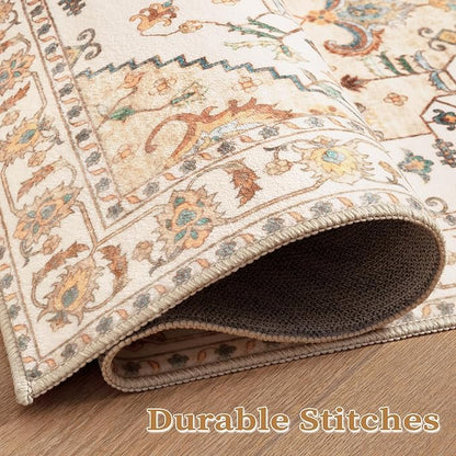 SERISSA Area Rug 3x5 Boho Light Yellow Rugs for Bedroom, Washable Non-Slip Kitchen Rugs, Ultra Soft Print Distressed Entry Rug Low-Pile Throw Rug Carpet for Bedroom Nursery Living Room Dorm Decor