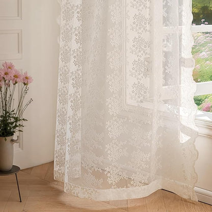 Anmao Vintage Lace Curtains 45 Inches Long 2 Panels Set, Romantic Elegant Light Filtering Semi Sheer Floral Thick Lacy Curtain Drapes for Living Room and Bedroom, Each Panel 55W x 45L, Beige Plum