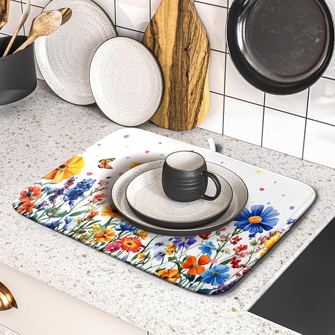 Watercolor Flower Dish Drying Mat 16x18 Inch Floral Butterfly Dish Drainer - Image 5